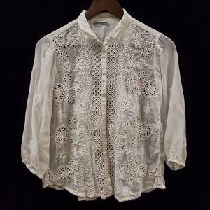 Johnny Was Womens Button Up Cottagecore Eyelet Top Size S White Boho Embroidered